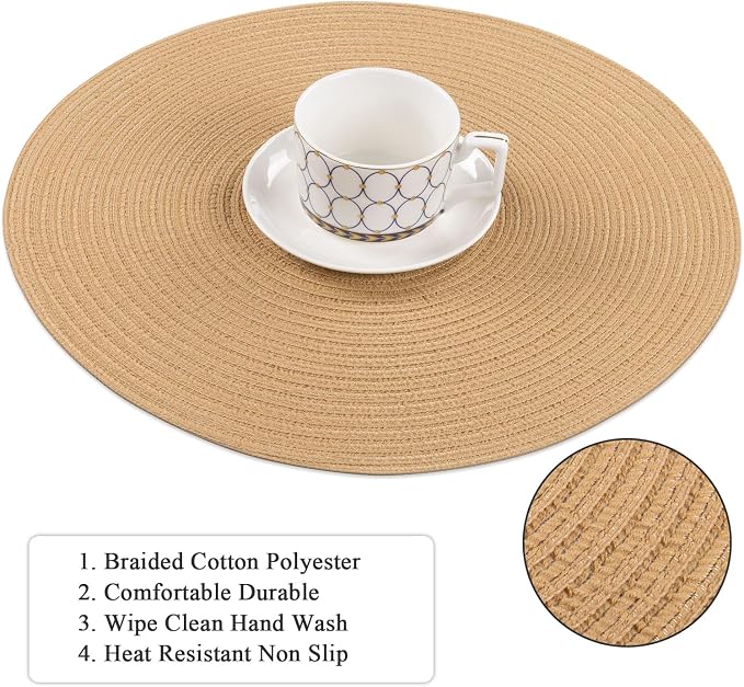 SHACOS 15 inch Round Braided Placemats Set of 4 Cotton Polyester Place Mats - Image 4
