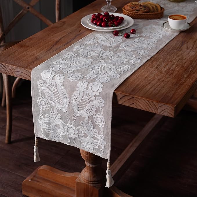 Embroidered Table Runner Boho Farmhouse Dresser Scarf, 4 Tassel Pendants - Image 2