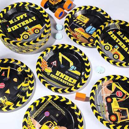 60 Pcs Construction Birthday Party Decor 7 Inch Construction Cake Dessert Paper Plates Dump Truck Digger Vehicle Excavator Disposable Black and Yellow Tableware for Boys Baby Shower Supplies