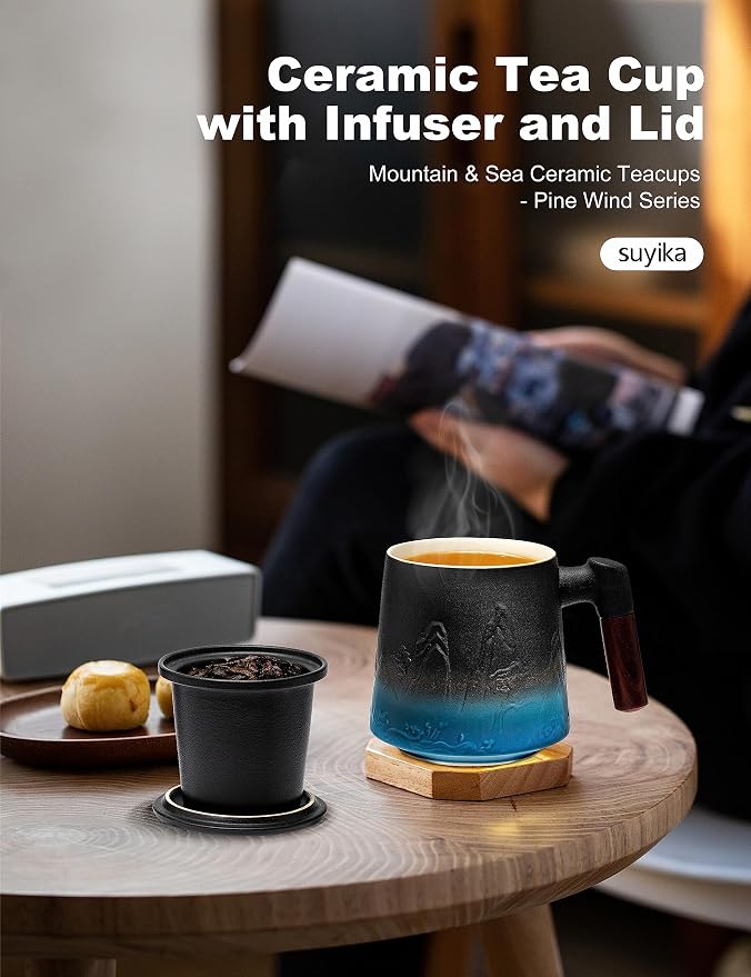 suyika Ceramic Tea Cup with Infuser and Lid, Gradient Embossed Large Tea Mug - Image 6