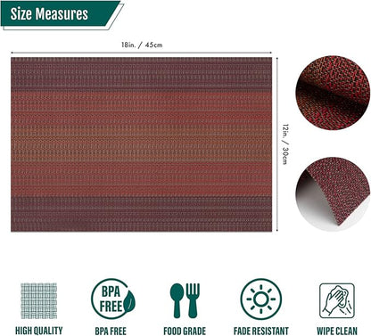 Winknowl Placemats Set of 8, Washable Vinyl Woven Placemats, Heat Resistant & Wipeable Table Mats for Kitchen Dining Table (Red)