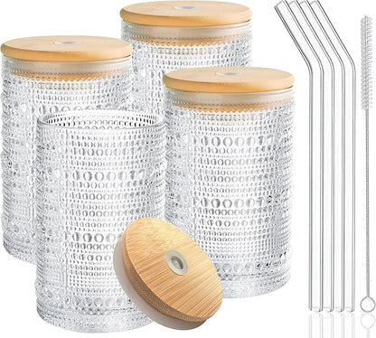 Hobnail Drinking Glasses with Bamboo Lids and Glass Straw 4Pcs Set - 14oz by Lvtrupc