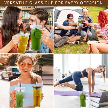 24oz Ribbed Glass Tumbler With Handle, Reusable Glass Iced Coffee Cups With lids - Image 8
