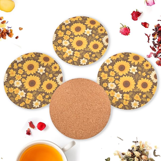 Sunflower Cow Leather Skin Brown Pattern Aesthetic Drink Coasters 4 Piecing Set - Image 6