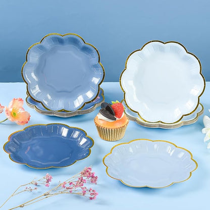 Dusty Blue Party Plates Gradient Blue Dessert Paper Plates 7inch Gold Foil Scalloped Edge Disposable Cake Plates for Tea Party Birthday Bridal Baby Shower Wedding Party Supplies (48)