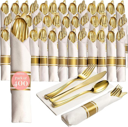 Prestee 400 Pieces Gold Silverware Set for 100 Guests - Premium Pre Rolled Disposable Plastic Silverware Set with Napkins - Wrapped Utensils with Forks, Knives, Spoons, Napkins for Weddings and Events