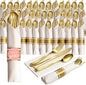 Prestee 400 Pieces Gold Silverware Set for 100 Guests - Premium Pre Rolled Disposable Plastic Silverware Set with Napkins - Wrapped Utensils with Forks, Knives, Spoons, Napkins for Weddings and Events