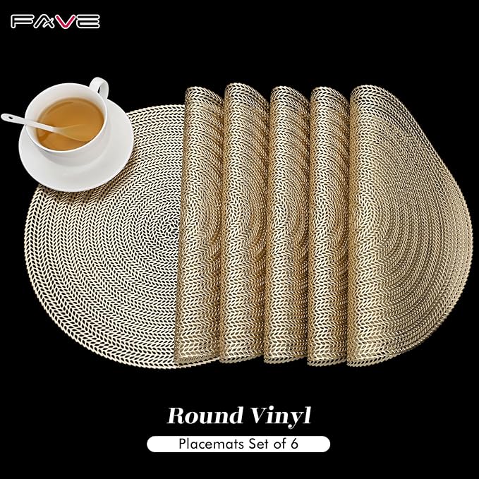 FAVE 6PCS Gold Vinyl Round Placemats, Wheat Sheaf Design 15 Inch Placemats Set of 6 Washable for Dining, Events, Banquet, Home & Daily Use (Gold Wheat,6pcs)