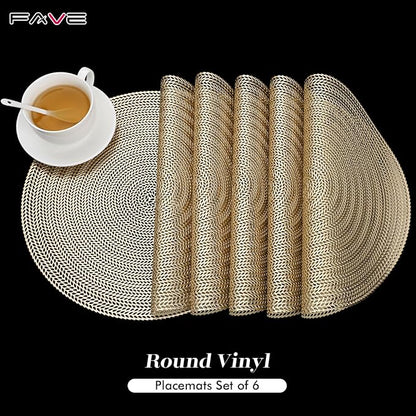 FAVE 6PCS Gold Vinyl Round Placemats, Wheat Sheaf Design 15 Inch Placemats Set of 6 Washable for Dining, Events, Banquet, Home & Daily Use (Gold Wheat,6pcs)