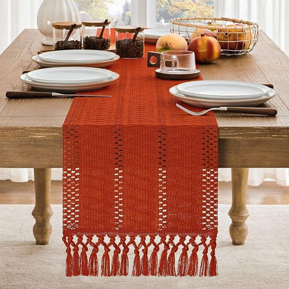 Macrame Style Boho Table Runner, 12x48 Inch Dark Orange | Woven Boho Table - Image 2