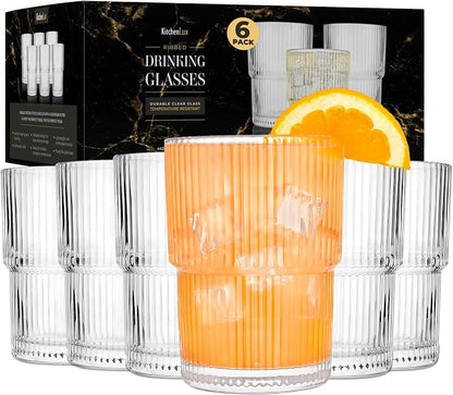 Kitchen Lux Ribbed Glass Cups 15oz Lowball Short Rocks Glass | Stackable Ribbed by KitchenLux