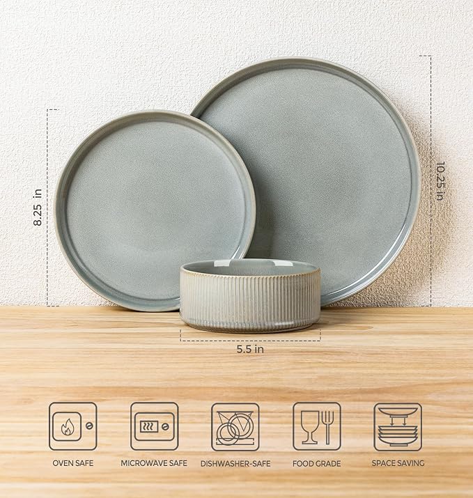 Ceramic Dinnerware Set for 6, 18-Piece Plates and Bowls Set | Lightweight - Image 2