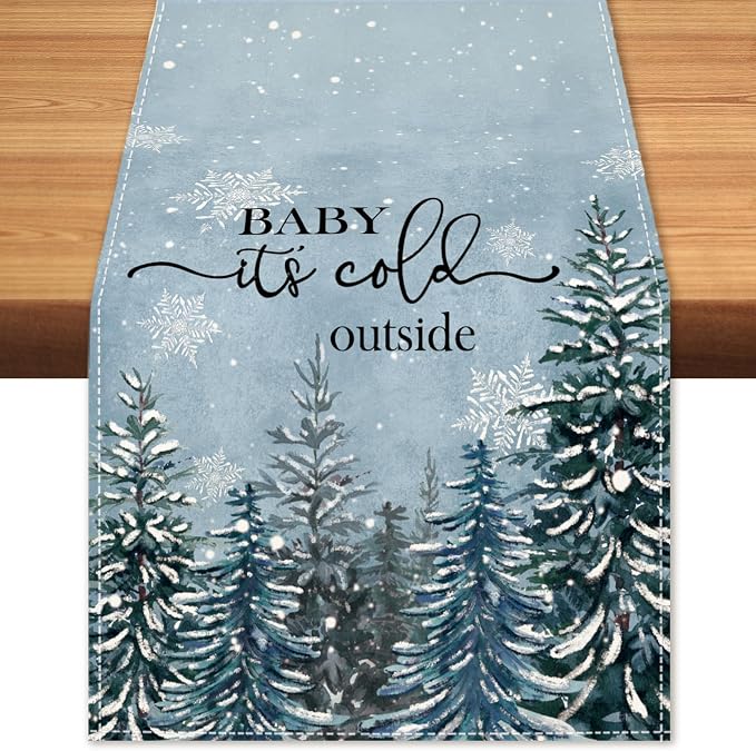 Winter Baby It's Cold Outside Table Runner Pine Tree Snowflakes Burlap Table by BEAUTYROMANCEFORYOURLIFE