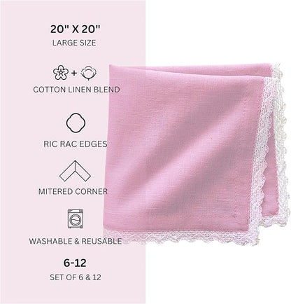 Fingercraft Dinner Cloth Napkin Cotton Linen Blend 12 Pack Mitered Corners with Elegant Lace for Everyday Use Napkins are Pre Shrunk and Good Absorbency (Pastel Rose, 20in x 20in (Set of 12))