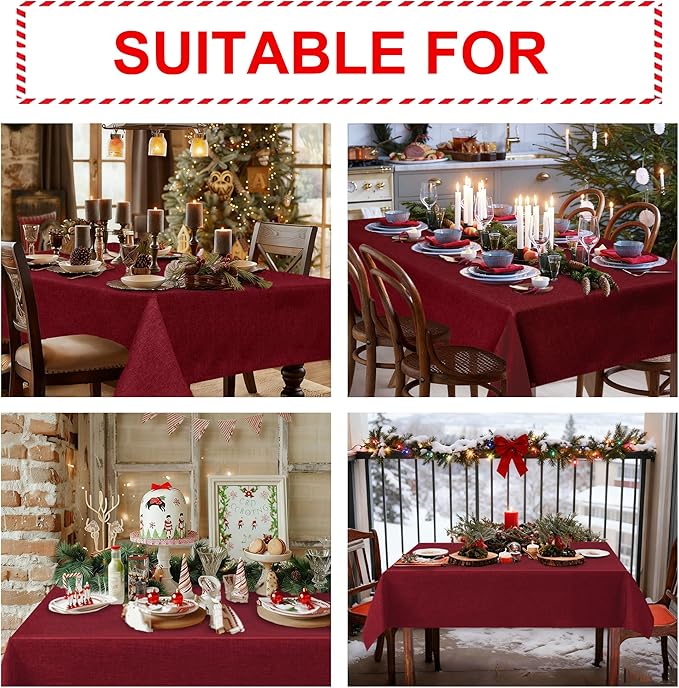 Hiasan Faux Linen Rectangle Tablecloth - Wrinkle and Stain Resistant Washable Table Cloth for Kitchen Dining Room Holiday Table Cover for Dinner, Red, 90 x 132 Inch