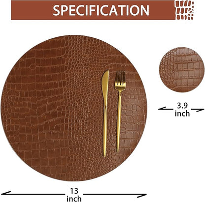 Round Leather Placemats for Round Tables Set of 6, Brown Table Place Mats and Coasters, Washable Easy to Care for Indoor Decor 13" Diameter