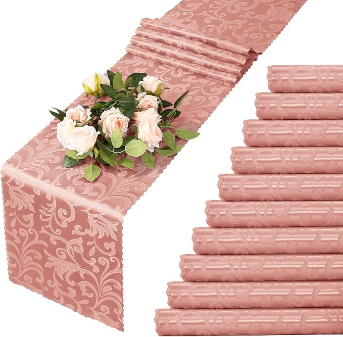 MILVOWOC 12 Pack Rose Gold Satin Table Runner, 12 x 72 Inch | Jacquard Damask by MILVOWOC