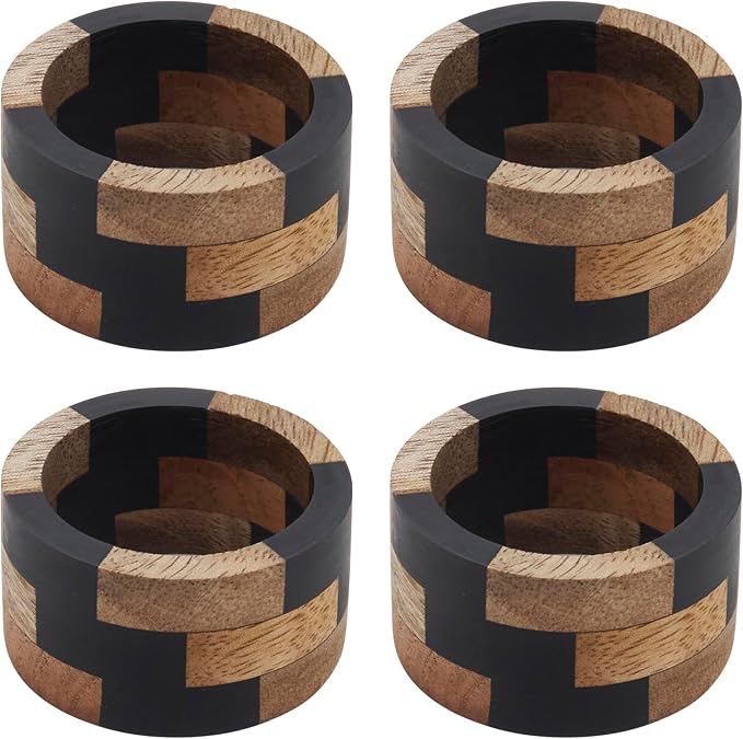 SARO LIFESTYLE Mango Wood & Resin Napkin Rings – Modern Block Pattern - Image 2