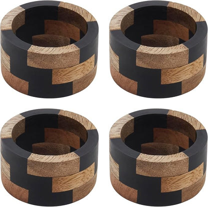 SARO LIFESTYLE Mango Wood & Resin Napkin Rings – Modern Block Pattern - Image 2