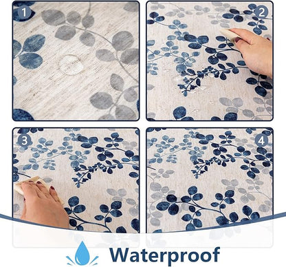 MYSKY HOME Floral Print Rectangle Tablecloth Waterproof Rectangular Table Cloth Linen Farmhouse Tablecloths for Kitchen Dining Spring Leaves Tablecloth for 4 Feet Table，60 x 84 Inches, Blue