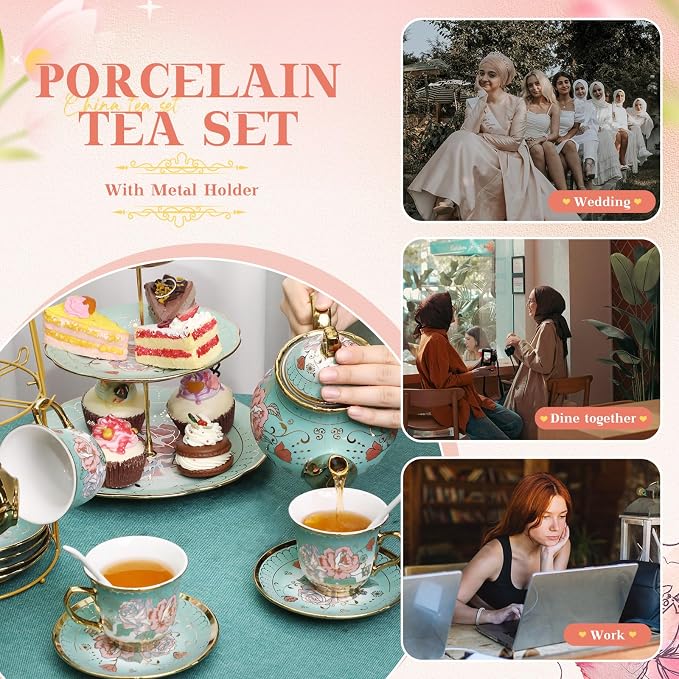 21 Pcs Ceramic Teapot Set Vintage Porcelain Tea Cups - Image 5
