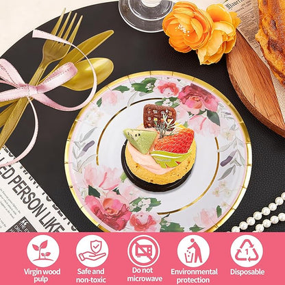 280PCS Floral Paper Plates and Napkins Party Supplies for 35 Guests Disposable Tableware with Plates Napkins Cups Cutlery Straws for Bridal Shower Birthday Party