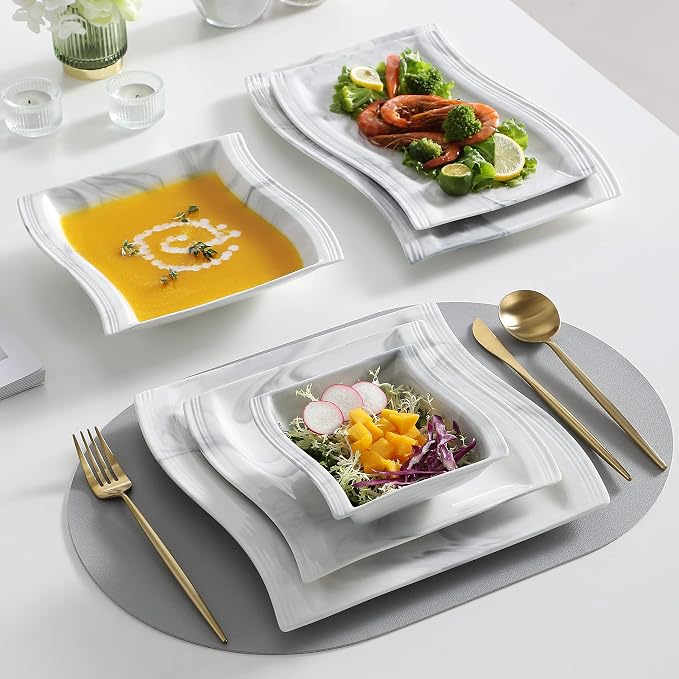 MALACASA 26-Piece Marble Grey Square Dinnerware Sets, Flora Porcelain Dinner Set - Image 5