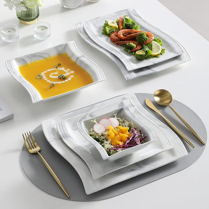 MALACASA 26-Piece Marble Grey Square Dinnerware Sets, Flora Porcelain Dinner Set - Image 5