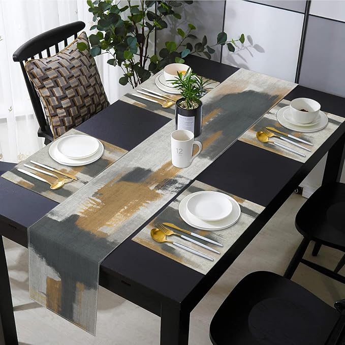 Emvency Table Runner and Placemats Set of 6, Abstract Vintage Gray | Brown Art - Image 4