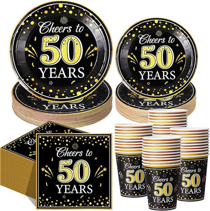 Pickmesh 250 Pcs 50th Birthday Disposable Tableware Set Black and Gold Cheers to 50 Years Disposable Paper Plates Napkins and Cups for 50th Birthday Wedding Anniversary Supplies Decorations