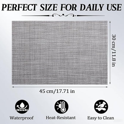 Timeet Placemats Set of 6, Heat Resistant Non-Slip Place Mats, Durable Washable PVC Vinyl Woven Table Mats, Linen Textured Table Placemats for Dining Kitchen Resistant Easy to Clean(Gray)