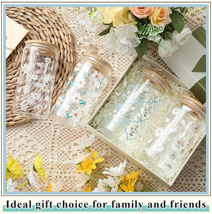 Mumufy 4 Pack Wildflower Glass Cups Gift Aesthetic Cute Glass Cup Tumbler - Image 6