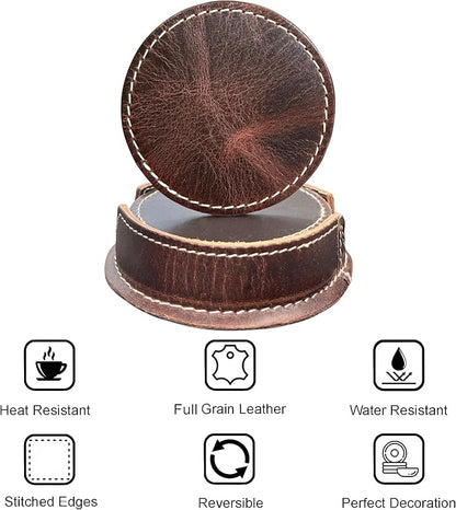 Leather Coasters for Drinks - Cup Coaster Coffee Table Kitchen Table Bar - Set of 6 with Holder for Table Top Protection - Luxurious Home Decor & Housewarming Gift