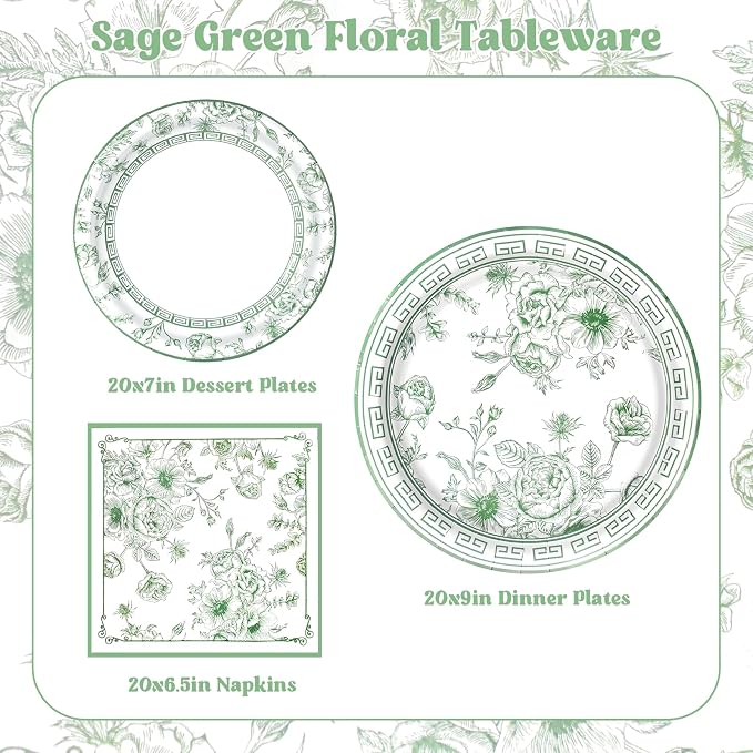 60Pcs Sage Green Floral Plates and Napkins Party Supply, Serves 20 | Disposable - Image 2