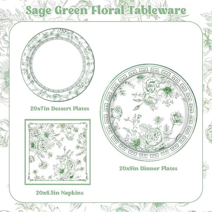 60Pcs Sage Green Floral Plates and Napkins Party Supply, Serves 20 | Disposable - Image 2