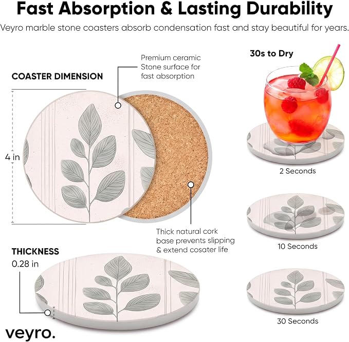VEYRO Ceramic Coasters Set of 6 or 4 – Absorbent Stone Drink Coasters - Image 5