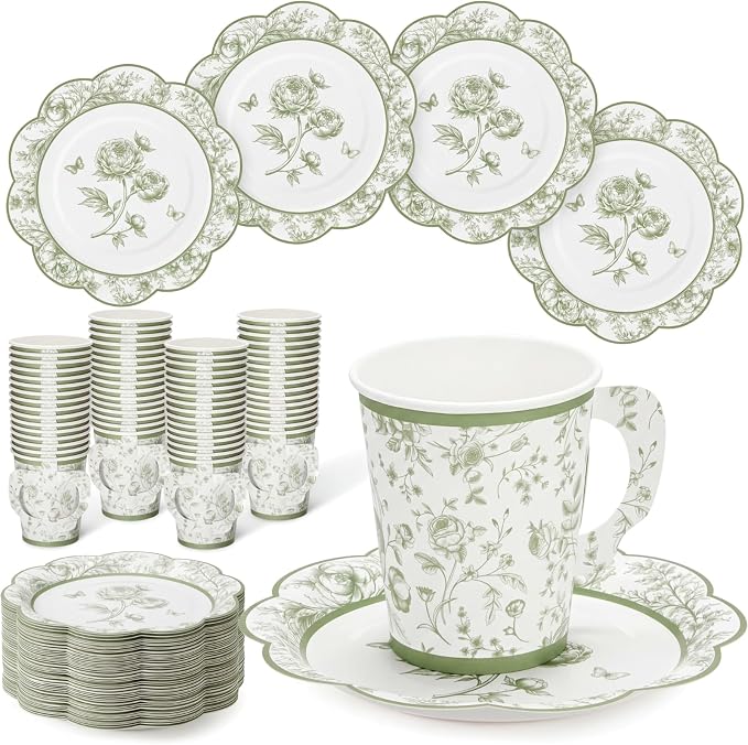 FillTouch 100 Sets Green Floral Paper Tea Cups and Saucers Disposable Paper Tea by FillTouch