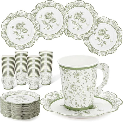FillTouch 100 Sets Green Floral Paper Tea Cups and Saucers Disposable Paper Tea by FillTouch