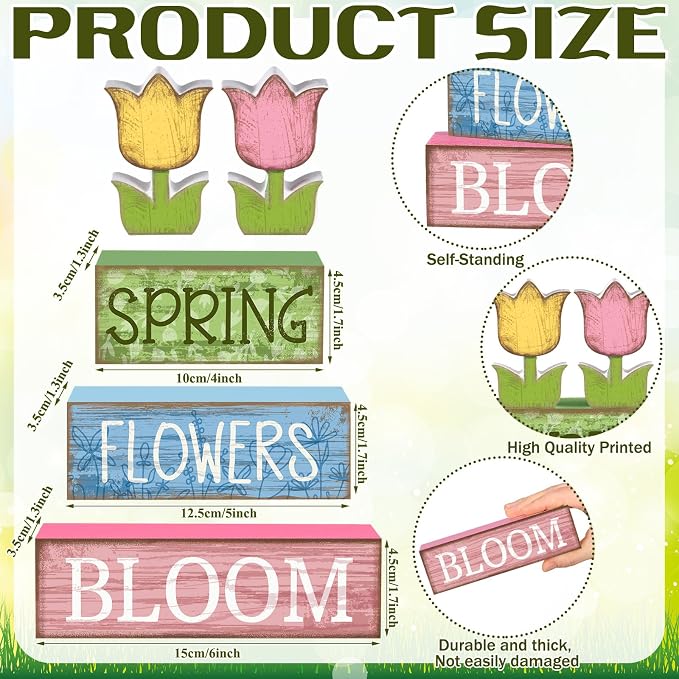 Moucuny 4 Pcs Spring Table Decor Wooden Tulip Spring Tiered Tray Decor Flowers - Image 2