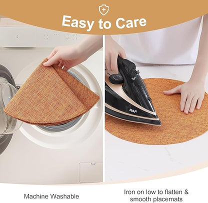 homing 15 Inch Round Cloth Placemats Set of 4, Cotton Linen Blend Washable Table Mats, Farmhouse Dining Place Mats for Indoors & Outdoors, Easy to Clean, Orange
