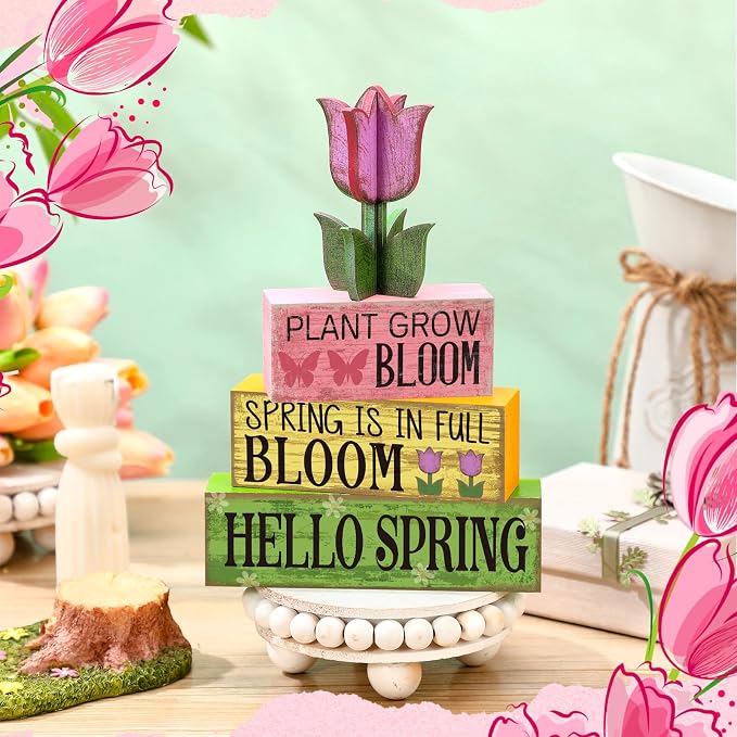 Moucuny 4 Pcs Spring Table Decoration Wooden Stacked Block Decor - Image 5