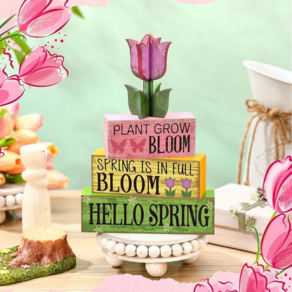 Moucuny 4 Pcs Spring Table Decoration Wooden Stacked Block Decor - Image 5
