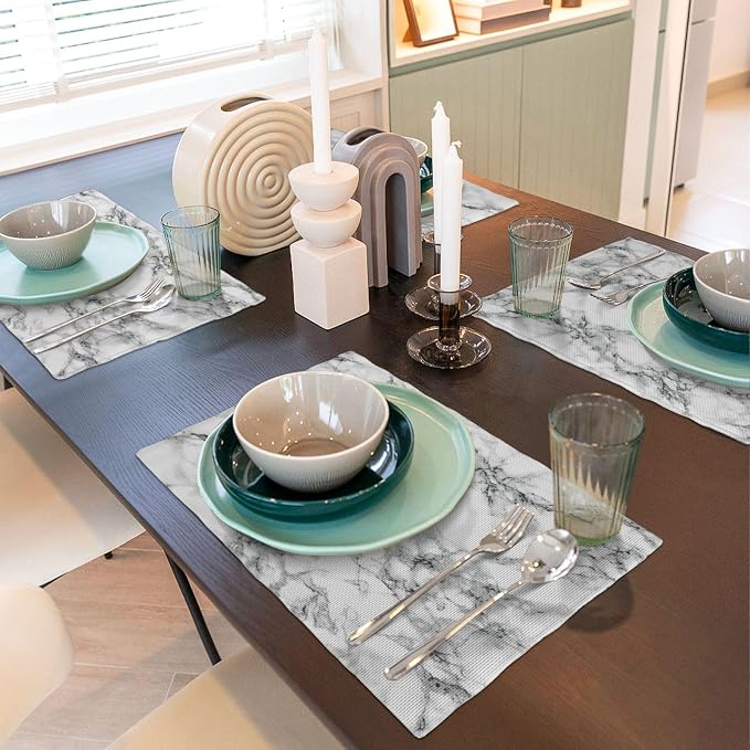 Fiokroo Black and White Marble Placemats Set of 4 Table Mats Table Tableware - Image 6
