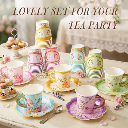 Disposable Tea Cups and Saucers, Floral Paper Tea Cups and Plates Serves 40 | - Image 5