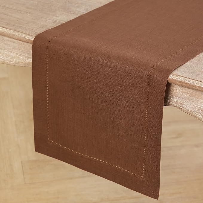 Solino Home 100% Pure Linen Dining Table Runner Brown Hemstitch, 14 x 90 in | - Image 2