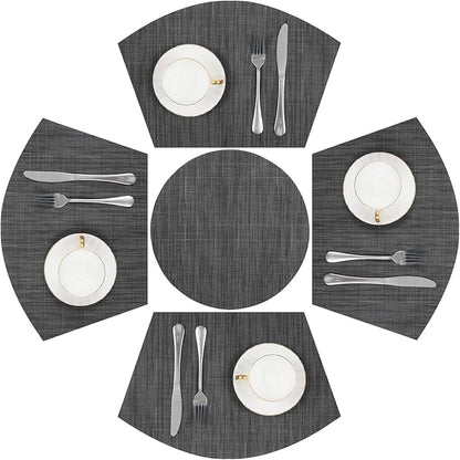 SHACOS Small Round Table Placemats Set of 5 Woven Vinyl Wedge Placemats with Centerpiece Round Table Mats Heat Resistant Wipe Clean (5, Black Gray)