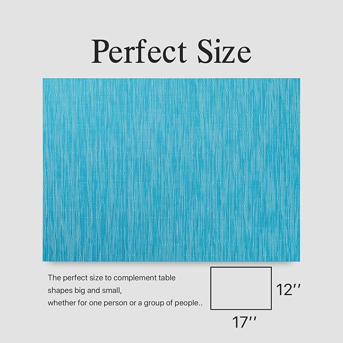 Placemats Set of 6 - Easy Clean Woven Vinyl Placemats for Dining Table, Indoor/Outdoor Place Mats, Washable PVC Table Mats（Teal Blue）