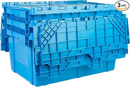 Hudson Exchange 27.3 x 17.2 x 12.6 (3 Pack) Storage Tote Distribution Container with Hinged Attached Lid, Blue