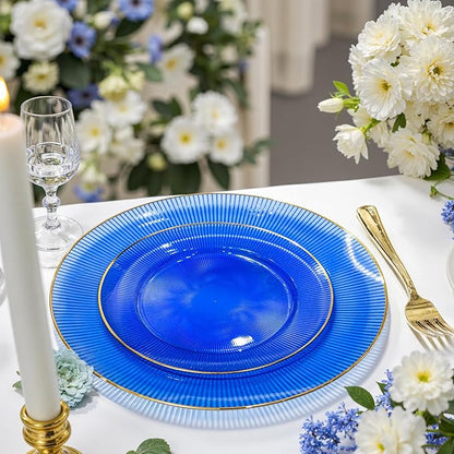 Hioasis 60pcs Blue Gold Plastic Plates - Gold Disposable Dinnerware Set, 30pcs Dinner 10.25in & 30pcs dessert 7.5in plates with striped designs for party & wedding