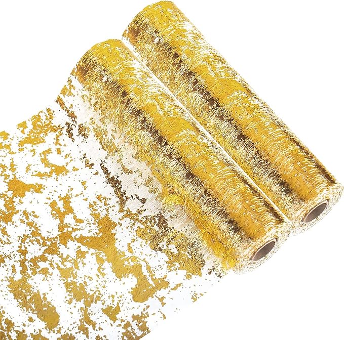 Gold Table Runner 2 Pieces, Sequin Glitter Foil Metallic Mesh Gold Table by Sunlunckystar